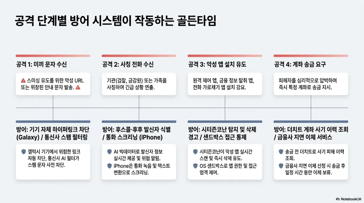 공격 단계별 방어 시스템이 작동하는 골든타임 타임라인. 공격 1 미끼 문자 수신(스미싱 유도를 위한 악성 URL 또는 위장된 안내 문자 발송) — 방어는 갤럭시 기기 자체 하이퍼링크 차단과 통신사 AI 필터의 스팸 문자 사전 차단. 공격 2 사칭 전화 수신(검찰, 금감원 등 기관 또는 가족을 사칭하여 긴급 상황 연출) — 방어는 후스콜·후후의 AI 빅데이터 발신자 정보 실시간 제공과 위험 알림, iPhone의 통화 녹음 및 텍스트 변환 스크리닝. 공격 3 악성 앱 설치 유도(원격 제어 앱, 금융 정보 탈취 앱, 전화 가로채기 앱 설치 강요) — 방어는 시티즌코난의 악성 앱 실시간 스캔 및 즉시 삭제 유도, OS 샌드박스의 앱 권한 및 접근 엄격 제어. 공격 4 계좌 송금 요구(피해자를 심리적으로 압박하여 즉시 특정 계좌로 송금 지시) — 방어는 송금 전 더치트 사기 피해 이력 조회, 금융사 지연 이체 신청 시 송금 후 일정 시간 동안 이체 보류