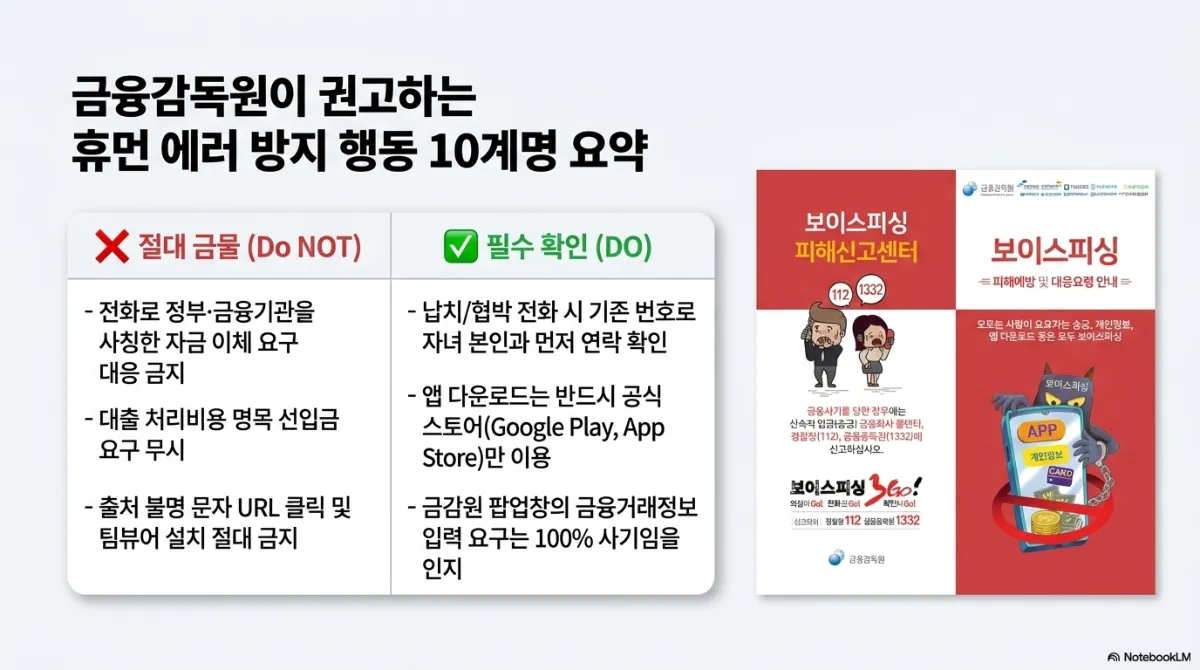금융감독원이 권고하는 휴먼 에러 방지 행동 10계명 요약. 절대 금물(Do NOT) — 전화로 정부·금융기관을 사칭한 자금 이체 요구 대응 금지, 대출 처리비용 명목 선입금 요구 무시, 출처 불명 문자 URL 클릭 및 팀뷰어 설치 절대 금지. 필수 확인(DO) — 납치/협박 전화 시 기존 번호로 자녀 본인과 먼저 연락 확인, 앱 다운로드는 반드시 공식 스토어(Google Play, App Store)만 이용, 금감원 팝업창의 금융거래정보 입력 요구는 100% 사기임을 인지. 오른쪽에 금융감독원의 보이스피싱 피해예방 및 대응요령 안내 리플릿 이미지(신고 경찰청 112, 금융감독원 1332)