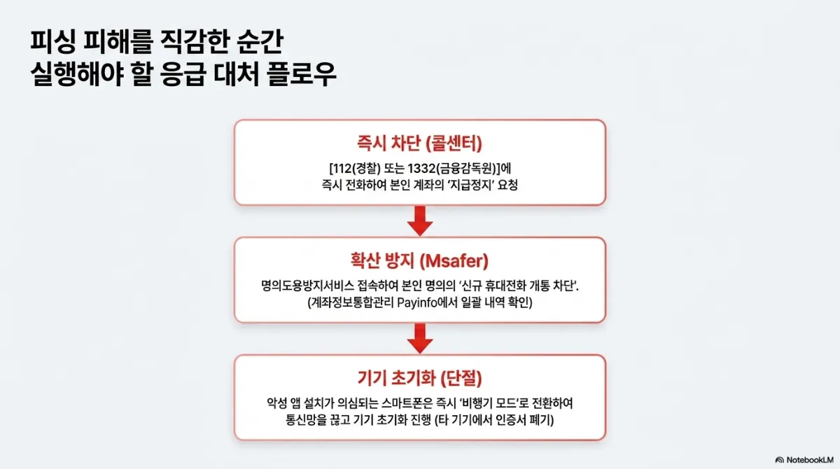 피싱 피해를 직감한 순간 실행해야 할 응급 대처 플로우 3단계. 즉시 차단(콜센터) — 112(경찰) 또는 1332(금융감독원)에 즉시 전화하여 본인 계좌의 지급정지 요청. 확산 방지(Msafer) — 명의도용방지서비스 접속하여 본인 명의의 신규 휴대전화 개통 차단(계좌정보통합관리 Payinfo에서 일괄 내역 확인). 기기 초기화(단절) — 악성 앱 설치가 의심되는 스마트폰은 즉시 비행기 모드로 전환하여 통신망을 끊고 기기 초기화 진행(타 기기에서 인증서 폐기)