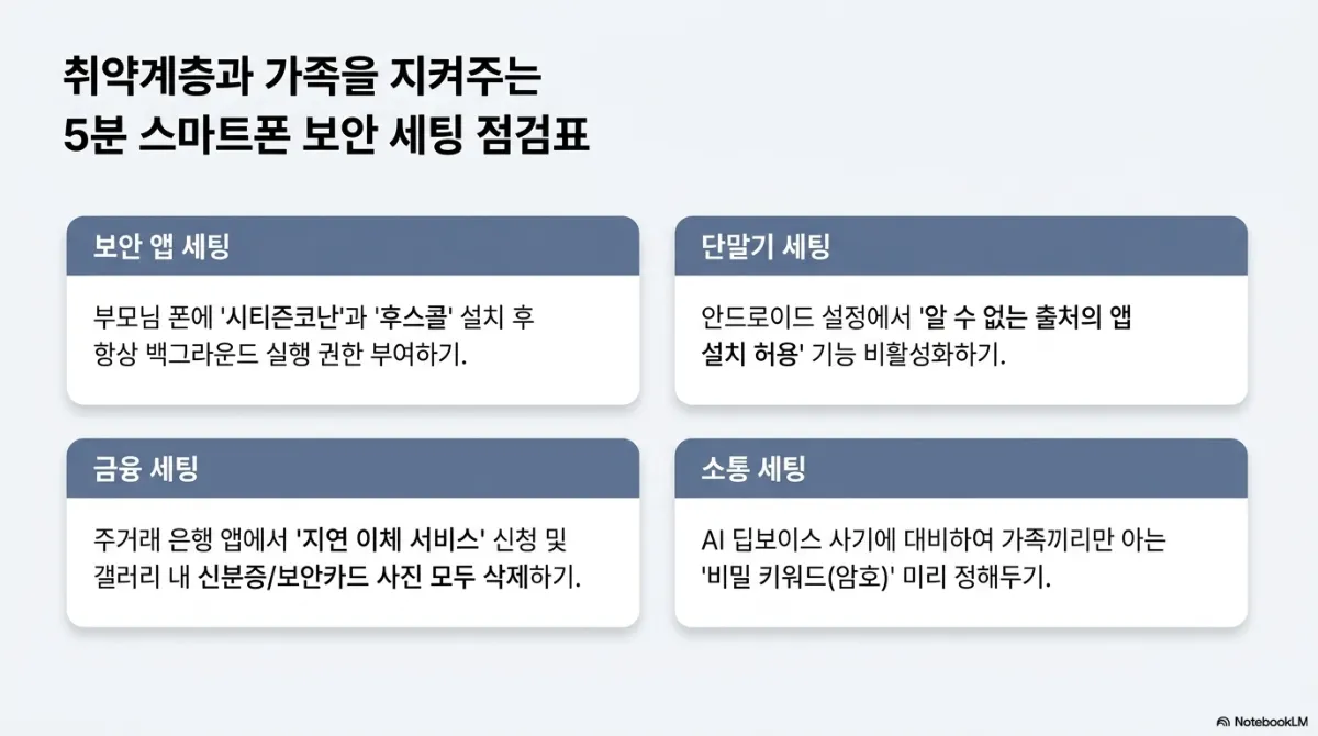 취약계층과 가족을 지켜주는 5분 스마트폰 보안 세팅 점검표. 보안 앱 세팅 — 부모님 폰에 시티즌코난과 후스콜 설치 후 항상 백그라운드 실행 권한 부여하기. 단말기 세팅 — 안드로이드 설정에서 알 수 없는 출처의 앱 설치 허용 기능 비활성화하기. 금융 세팅 — 주거래 은행 앱에서 지연 이체 서비스 신청 및 갤러리 내 신분증/보안카드 사진 모두 삭제하기. 소통 세팅 — AI 딥보이스 사기에 대비하여 가족끼리만 아는 비밀 키워드(암호) 미리 정해두기