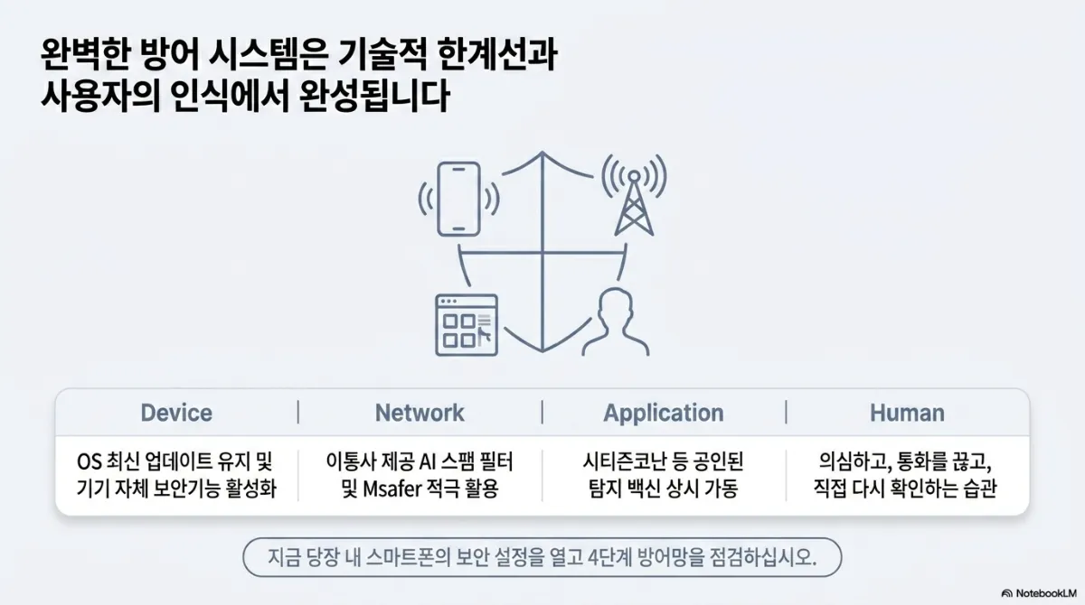 완벽한 방어 시스템은 기술적 한계선과 사용자의 인식에서 완성된다는 마무리 슬라이드. Device — OS 최신 업데이트 유지 및 기기 자체 보안기능 활성화. Network — 이통사 제공 AI 스팸 필터 및 Msafer 적극 활용. Application — 시티즌코난 등 공인된 탐지 백신 상시 가동. Human — 의심하고, 통화를 끊고, 직접 다시 확인하는 습관. 아래 문구는 지금 당장 내 스마트폰의 보안 설정을 열고 4단계 방어망을 점검하라는 것