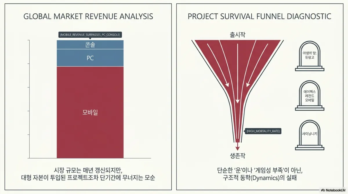 두 개의 진단 패널. 왼쪽 글로벌 시장 매출 분석은 모바일이 PC와 콘솔을 합친 것보다 큰 막대로 표시되며, 시장 규모는 매년 갱신되지만 대형 자본이 투입된 프로젝트조차 단기간에 무너지는 모순이라는 설명. 오른쪽 프로젝트 생존 깔때기 진단은 출시작이 좁은 깔때기를 지나 소수의 생존작만 남는 모습과 높은 사망률 표시, 옆에 야생의 땅: 듀랑고, 에이펙스 레전드 모바일, 샤이닝니키가 적힌 묘비 세 개. 단순한 운이나 게임성 부족이 아닌 구조적 동학(Dynamics)의 실패라는 결론