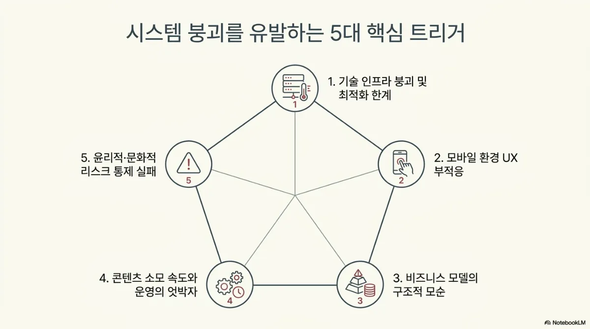 시스템 붕괴를 유발하는 5대 핵심 트리거 오각형 도식. 1 기술 인프라 붕괴 및 최적화 한계, 2 모바일 환경 UX 부적응, 3 비즈니스 모델의 구조적 모순, 4 콘텐츠 소모 속도와 운영의 엇박자, 5 윤리적·문화적 리스크 통제 실패