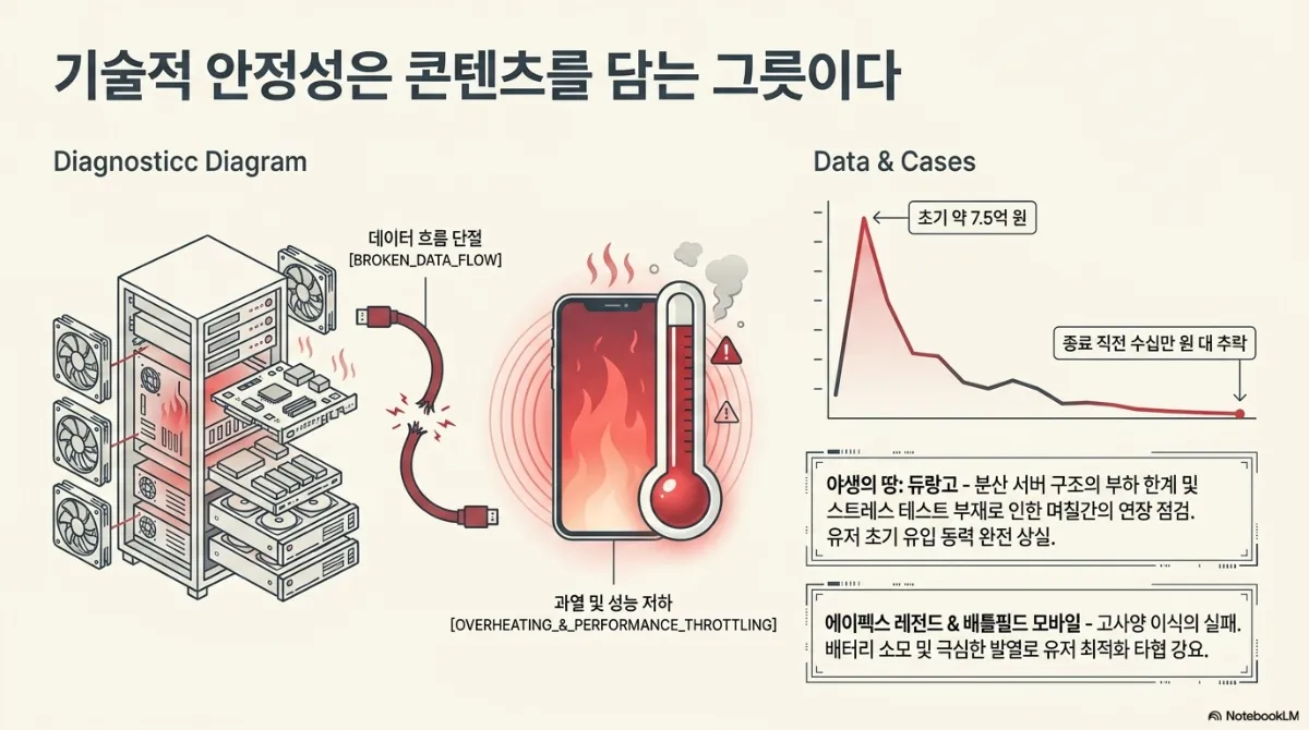 기술적 안정성은 콘텐츠를 담는 그릇이라는 슬라이드. 왼쪽 진단 도식은 과열된 서버 랙과 끊어진 케이블(데이터 흐름 단절), 불꽃이 이는 스마트폰과 온도계(과열 및 성능 저하). 오른쪽 그래프는 초기 약 7.5억 원이던 매출이 종료 직전 수십만 원대로 추락하는 곡선. 야생의 땅: 듀랑고 — 분산 서버 구조의 부하 한계 및 스트레스 테스트 부재로 인한 며칠간의 연장 점검, 유저 초기 유입 동력 완전 상실. 에이펙스 레전드 & 배틀필드 모바일 — 고사양 이식의 실패, 배터리 소모 및 극심한 발열로 유저 최적화 타협 강요