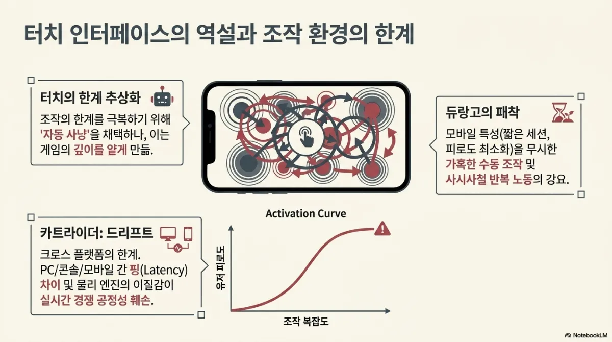 터치 인터페이스의 역설과 조작 환경의 한계 슬라이드. 스마트폰 화면 위에 수많은 터치 지점과 화살표가 엉킨 그림. 터치의 한계 추상화 — 조작의 한계를 극복하기 위해 자동 사냥을 채택하나 이는 게임의 깊이를 얕게 만듦. 듀랑고의 패착 — 짧은 세션과 피로도 최소화라는 모바일 특성을 무시한 가혹한 수동 조작 및 사시사철 반복 노동의 강요. 카트라이더: 드리프트 — 크로스 플랫폼의 한계로 PC·콘솔·모바일 간 핑(Latency) 차이 및 물리 엔진의 이질감이 실시간 경쟁 공정성 훼손. 아래 활성화 곡선(Activation Curve)은 조작 복잡도가 높아질수록 유저 피로도가 가파르게 올라 경고 지점에 이르는 그래프