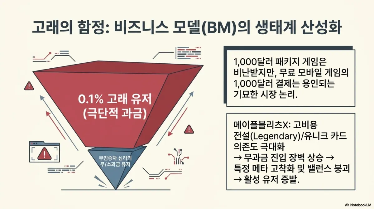 고래의 함정, 비즈니스 모델(BM)의 생태계 산성화 슬라이드. 역삼각형 도식에서 위쪽 큰 붉은 영역은 0.1% 고래 유저(극단적 과금), 아래 작은 파란 영역은 무임승차 심리의 무·소과금 유저. 1,000달러 패키지 게임은 비난받지만 무료 모바일 게임의 1,000달러 결제는 용인되는 기묘한 시장 논리라는 설명. 메이플블리츠X — 고비용 전설(Legendary)·유니크 카드 의존도 극대화 → 무과금 진입 장벽 상승 → 특정 메타 고착화 및 밸런스 붕괴 → 활성 유저 증발