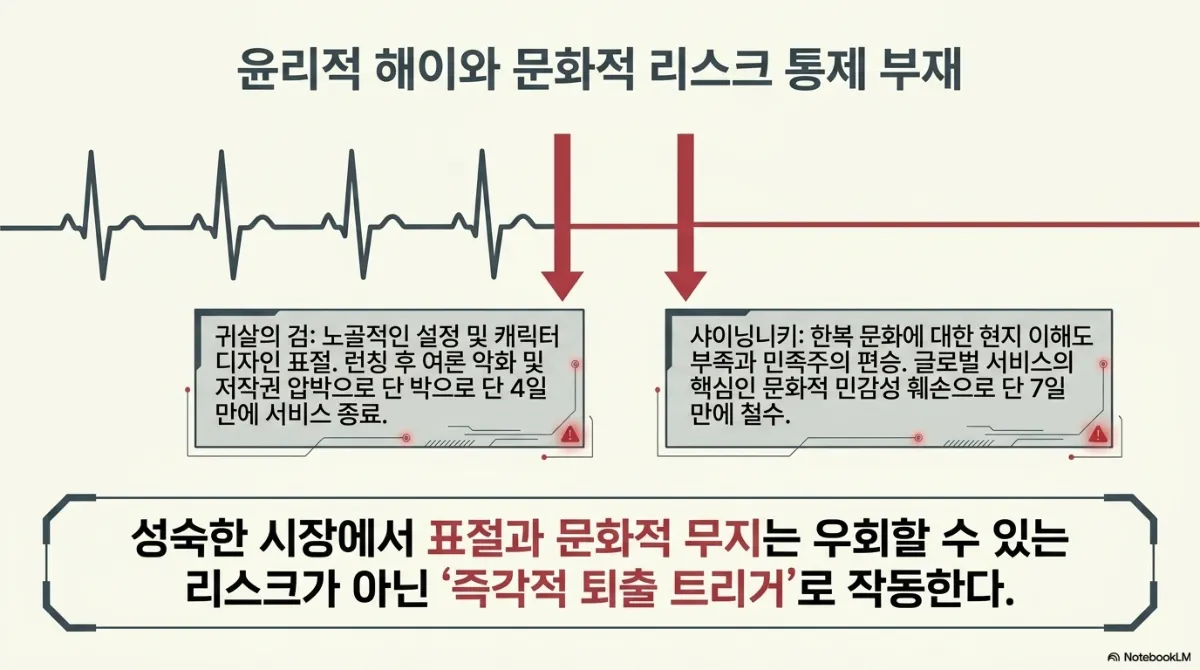 윤리적 해이와 문화적 리스크 통제 부재 슬라이드. 심전도 파형이 두 개의 붉은 화살표 지점에서 평탄한 선으로 바뀌는 그림. 자료는 귀살의 검이 설정 및 캐릭터 디자인 표절 논란으로 런칭 후 여론 악화와 저작권 압박을 받아 단 4일 만에 서비스를 종료했고, 샤이닝니키가 한복 문화에 대한 현지 이해 부족과 민족주의 편승 논란으로 글로벌 서비스의 핵심인 문화적 민감성을 훼손해 단 7일 만에 철수했다고 설명. 성숙한 시장에서 표절과 문화적 무지는 우회할 수 있는 리스크가 아닌 즉각적 퇴출 트리거로 작동한다는 결론