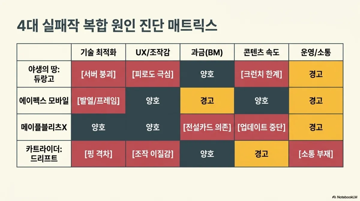 4대 실패작 복합 원인 진단 매트릭스 표. 열은 기술 최적화, UX/조작감, 과금(BM), 콘텐츠 속도, 운영/소통. 야생의 땅: 듀랑고는 서버 붕괴, 피로도 극심, BM 양호, 크런치 한계, 운영 경고. 에이펙스 모바일은 발열/프레임, UX 양호, BM 경고, 콘텐츠 양호, 운영 경고. 메이플블리츠X는 기술 양호, UX 양호, 전설카드 의존, 업데이트 중단, 운영 경고. 카트라이더: 드리프트는 핑 격차, 조작 이질감, BM 양호, 콘텐츠 경고, 소통 부재