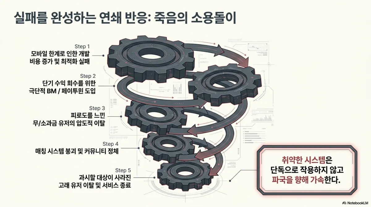 실패를 완성하는 연쇄 반응, 죽음의 소용돌이 도식. 톱니바퀴 다섯 개가 아래로 이어지며 Step 1 모바일 한계로 인한 개발 비용 증가 및 최적화 실패, Step 2 단기 수익 회수를 위한 극단적 BM·페이투윈 도입, Step 3 피로도를 느낀 무·소과금 유저의 압도적 이탈, Step 4 매칭 시스템 붕괴 및 커뮤니티 정체, Step 5 과시할 대상이 사라진 고래 유저 이탈 및 서비스 종료. 취약한 시스템은 단독으로 작용하지 않고 파국을 향해 가속한다는 결론