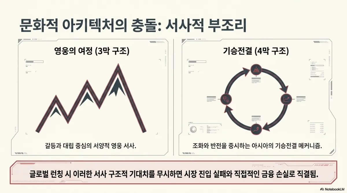 문화적 아키텍처의 충돌, 서사적 부조리 비교. 왼쪽 영웅의 여정(3막 구조)은 봉우리가 솟는 선으로 표현된 갈등과 대립 중심의 서양적 영웅 서사. 오른쪽 기승전결(4막 구조)은 네 지점을 도는 순환 화살표로 표현된 조화와 반전을 중시하는 아시아의 기승전결 메커니즘. 글로벌 런칭 시 이러한 서사 구조적 기대치를 무시하면 시장 진입 실패와 직접적인 금융 손실로 직결된다는 설명