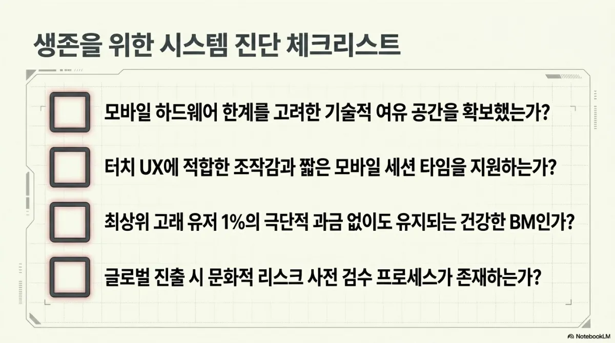 생존을 위한 시스템 진단 체크리스트 네 항목. 모바일 하드웨어 한계를 고려한 기술적 여유 공간을 확보했는가. 터치 UX에 적합한 조작감과 짧은 모바일 세션 타임을 지원하는가. 최상위 고래 유저 1%의 극단적 과금 없이도 유지되는 건강한 BM인가. 글로벌 진출 시 문화적 리스크 사전 검수 프로세스가 존재하는가