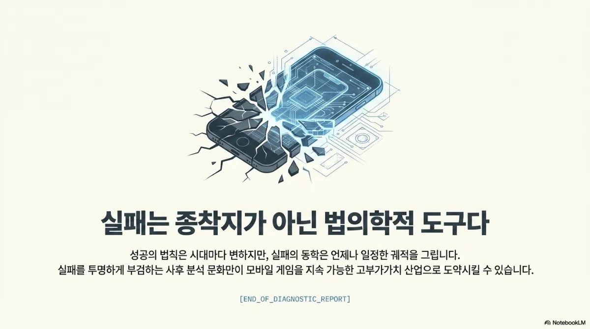 마무리 슬라이드. 부서진 스마트폰에서 빛나는 회로 설계도 형태의 새 스마트폰이 떠오르는 그림. 실패는 종착지가 아닌 법의학적 도구라는 제목과 함께, 성공의 법칙은 시대마다 변하지만 실패의 동학은 언제나 일정한 궤적을 그리며, 실패를 투명하게 부검하는 사후 분석 문화만이 모바일 게임을 지속 가능한 고부가가치 산업으로 도약시킬 수 있다는 설명