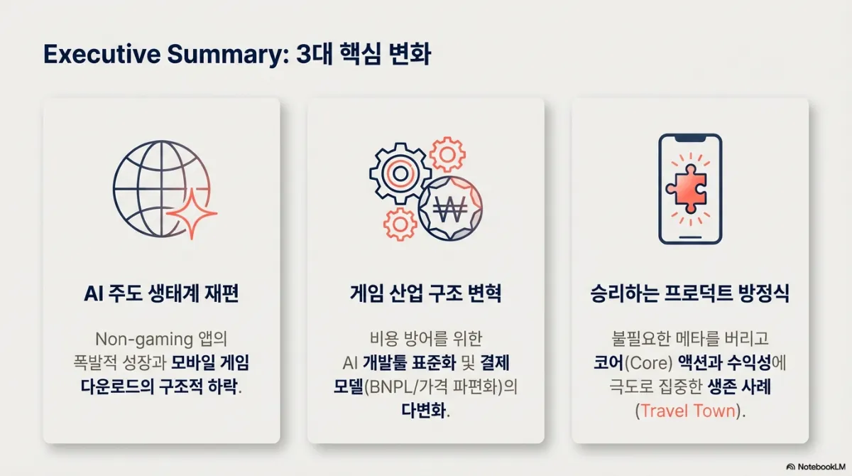 Executive Summary 슬라이드. 세 카드로 정리 — AI 주도 생태계 재편(논게임 앱의 폭발적 성장과 모바일 게임 다운로드의 구조적 하락), 게임 산업 구조 변혁(비용 방어를 위한 AI 개발툴 표준화와 BNPL·가격 파편화 등 결제 모델 다변화), 승리하는 프로덕트 방정식(불필요한 메타를 버리고 코어 액션과 수익성에 집중한 생존 사례 Travel Town)