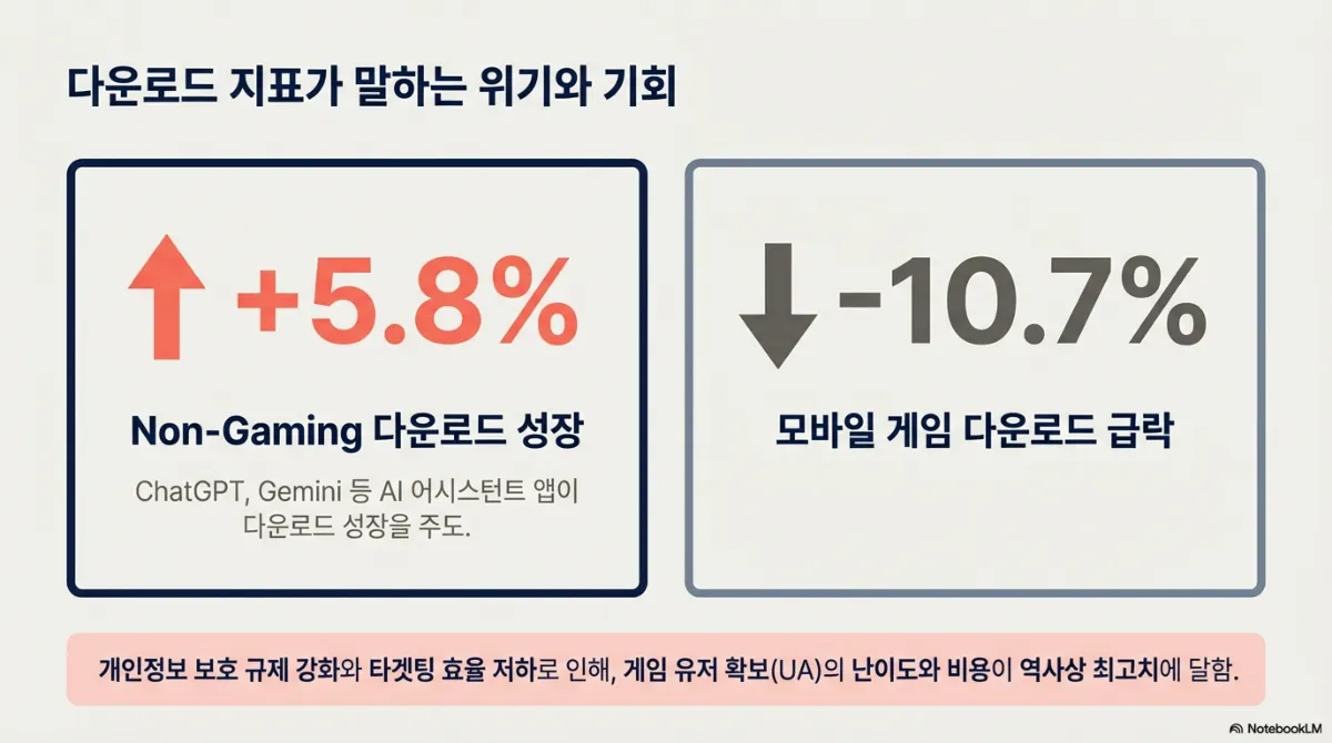 다운로드 지표가 말하는 위기와 기회 슬라이드. 왼쪽은 논게임 다운로드 성장(ChatGPT·Gemini 등 AI 어시스턴트 앱이 주도), 오른쪽은 모바일 게임 다운로드 10.7% 급락. 아래 띠에는 개인정보 보호 규제 강화와 타겟팅 효율 저하로 게임 유저 확보(UA)의 난이도와 비용이 역사상 최고치에 달했다는 문구