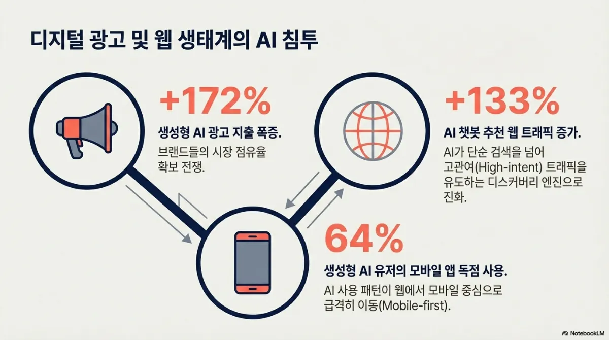 디지털 광고 및 웹 생태계의 AI 침투 슬라이드. 세 원으로 연결된 도식 — 생성형 AI 광고 지출 폭증(브랜드들의 시장 점유율 확보 전쟁), AI 챗봇 추천 웹 트래픽 증가(AI가 단순 검색을 넘어 고관여 트래픽을 유도하는 디스커버리 엔진으로 진화), 생성형 AI 유저의 모바일 앱 중심 이용(AI 사용 패턴이 웹에서 모바일로 이동)