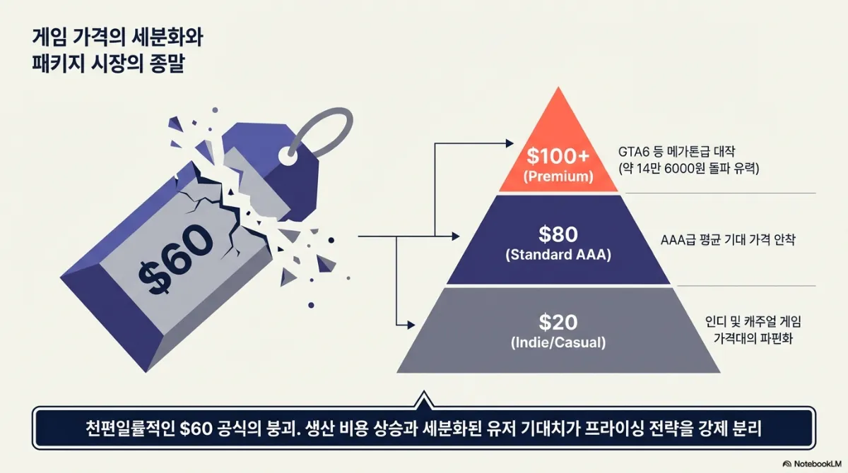 게임 가격의 세분화와 패키지 시장의 종말 슬라이드. 깨진 60달러 가격표 옆에 삼각형 구조 — 100달러 이상 프리미엄(GTA6 등 메가톤급 대작), 80달러 표준 AAA(AAA급 평균 기대 가격 안착), 20달러 인디·캐주얼(가격대의 파편화). 아래 띠에 생산 비용 상승과 세분화된 유저 기대치가 프라이싱 전략을 강제 분리한다는 문구