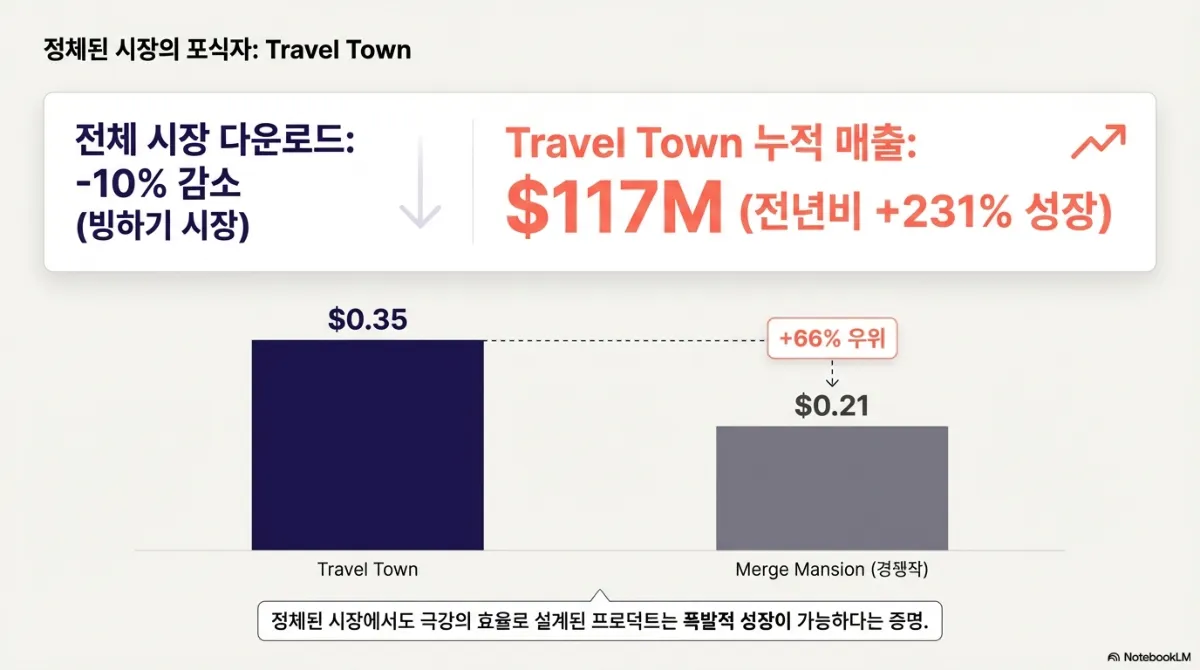정체된 시장의 포식자 Travel Town 슬라이드. 전체 시장 다운로드는 10% 감소하는 동안 Travel Town 누적 매출은 1억 1,700만 달러로 전년비 231% 성장. 아래 막대그래프는 다운로드당 매출 비교로 Travel Town 0.35달러, 경쟁작 머지 맨션 0.21달러, 66% 우위. 아래 문구는 정체된 시장에서도 극강의 효율로 설계된 프로덕트는 폭발적 성장이 가능하다는 증명