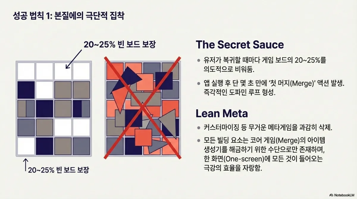 성공 법칙 1 본질에의 극단적 집착 슬라이드. 왼쪽은 2025%가 비어 있는 정돈된 머지 보드, 오른쪽은 아이템으로 꽉 차 붉은 X 표시가 된 보드. 오른쪽 설명은 The Secret Sauce(유저 복귀 시 보드의 2025%를 의도적으로 비워 둠, 앱 실행 후 몇 초 만에 첫 머지 액션 발생으로 즉각적인 보상 루프 형성)와 Lean Meta(커스터마이징 등 무거운 메타게임을 과감히 삭제, 모든 빌딩 요소는 코어 게임의 아이템 생성기를 해금하기 위한 수단으로만 존재)