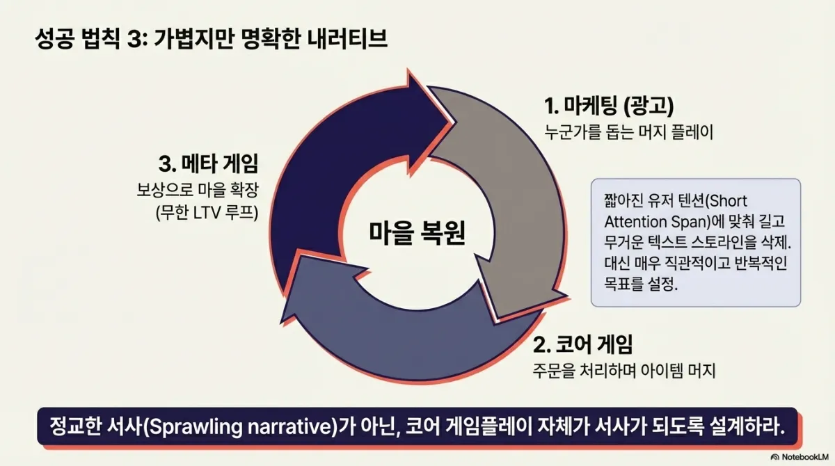성공 법칙 3 가볍지만 명확한 내러티브 슬라이드. 마을 복원을 가운데 두고 세 단계가 원형으로 순환 — 1 마케팅(누군가를 돕는 머지 플레이), 2 코어 게임(주문을 처리하며 아이템 머지), 3 메타 게임(보상으로 마을 확장, 무한 LTV 루프). 오른쪽 메모는 짧아진 유저 텐션에 맞춰 길고 무거운 텍스트 스토리를 삭제하고 직관적이고 반복적인 목표를 설정했다는 내용. 아래 띠는 정교한 서사가 아니라 코어 게임플레이 자체가 서사가 되도록 설계하라는 문구
