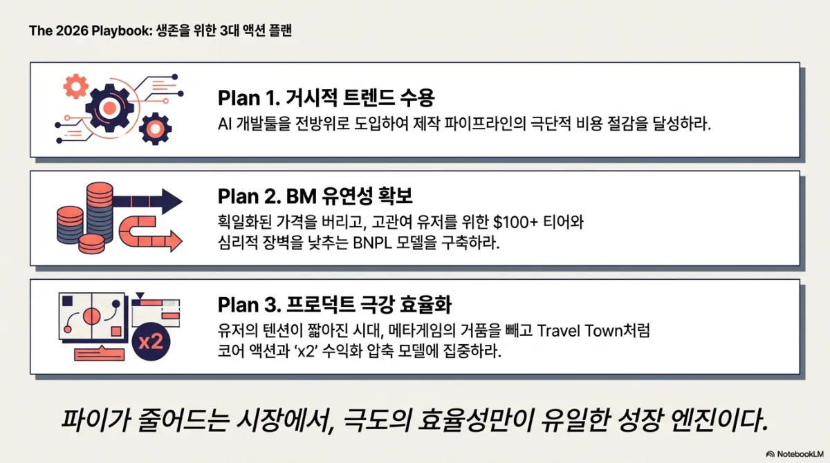 The 2026 Playbook 생존을 위한 3대 액션 플랜 슬라이드. Plan 1 거시적 트렌드 수용 — AI 개발툴을 전방위로 도입해 제작 파이프라인의 비용을 절감하라. Plan 2 BM 유연성 확보 — 획일화된 가격을 버리고 고관여 유저를 위한 100달러 이상 티어와 심리적 장벽을 낮추는 BNPL 모델을 구축하라. Plan 3 프로덕트 극강 효율화 — 메타게임의 거품을 빼고 코어 액션과 x2 수익화 압축 모델에 집중하라. 아래 문구는 파이가 줄어드는 시장에서 극도의 효율성만이 유일한 성장 엔진이라는 내용