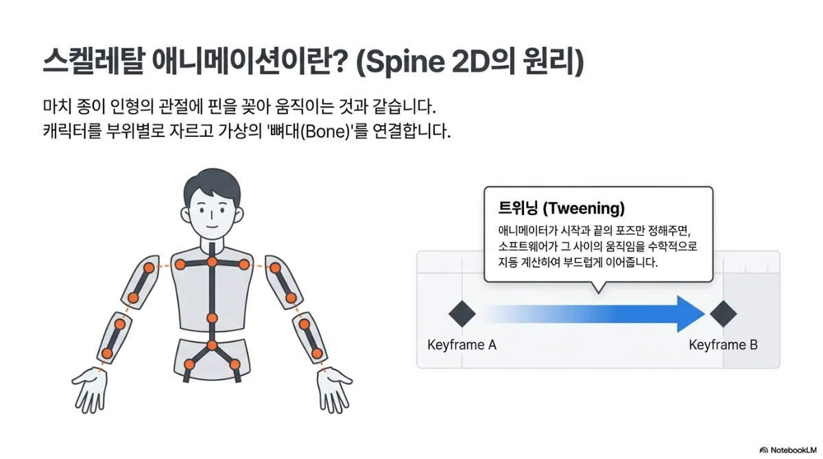 스켈레탈 애니메이션 설명 슬라이드. 캐릭터를 부위별로 자르고 가상의 뼈대(Bone)를 연결하는 종이 인형 구조 그림. 오른쪽에 트위닝 설명 — 애니메이터가 시작과 끝 포즈만 정해 주면 소프트웨어가 그 사이의 움직임을 수학적으로 자동 계산해 부드럽게 이어 준다는 내용과 Keyframe A에서 B로 이어지는 도식