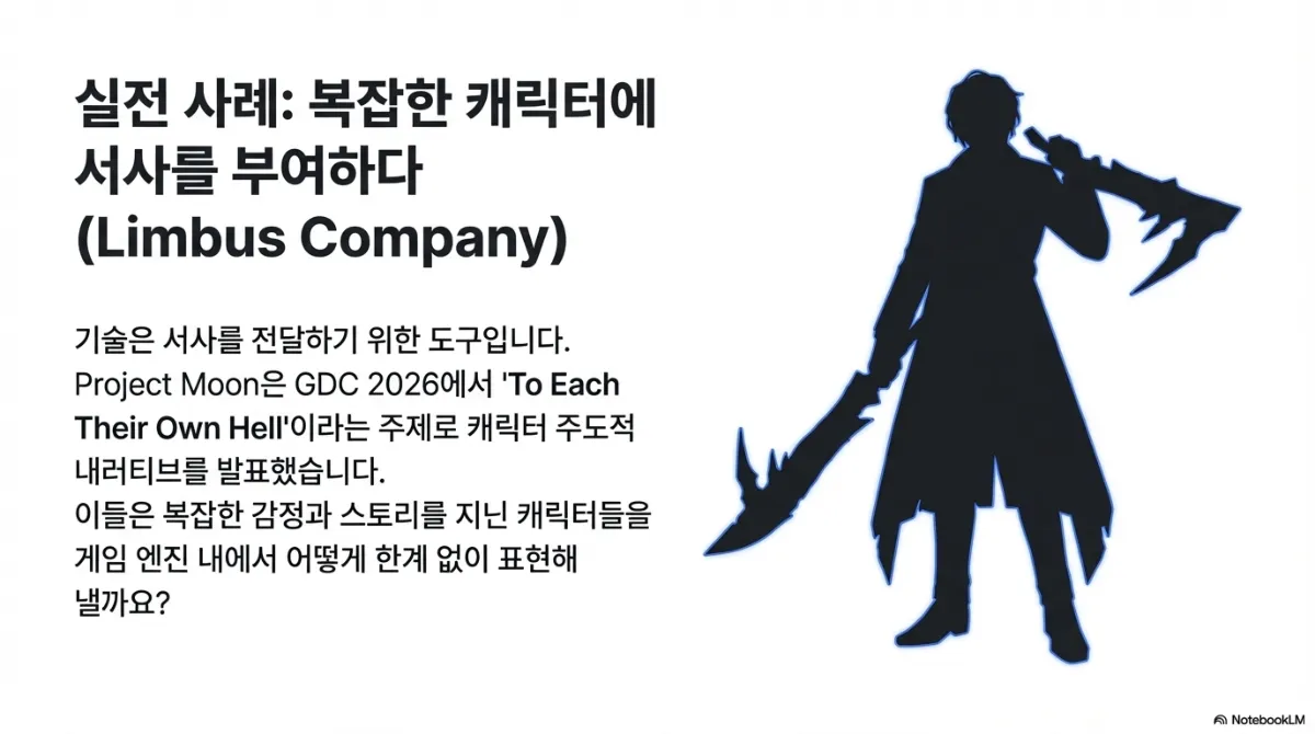 Limbus Company 사례 슬라이드. Project Moon 이 GDC 2026에서 'To Each Their Own Hell' 이라는 주제로 캐릭터 주도적 내러티브를 발표했다는 설명과 함께, 복잡한 감정과 스토리를 지닌 캐릭터들을 게임 엔진 안에서 어떻게 한계 없이 표현할 것인가라는 질문. 오른쪽에 검을 든 캐릭터 실루엣