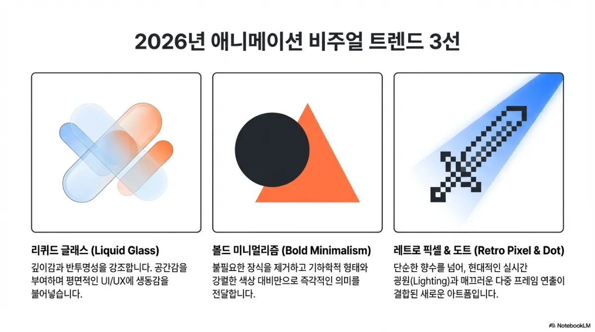 2026년 애니메이션 비주얼 트렌드 3선. 리퀴드 글래스(깊이감과 반투명성을 강조해 평면적인 UI/UX에 생동감 부여), 볼드 미니멀리즘(불필요한 장식을 제거하고 기하학적 형태와 강렬한 색상 대비로 즉각적인 의미 전달), 레트로 픽셀 & 도트(단순한 향수를 넘어 현대적인 실시간 광원과 매끄러운 다중 프레임 연출이 결합된 새로운 아트폼)