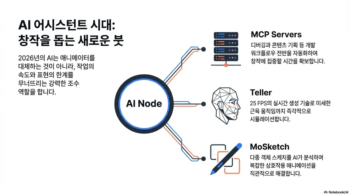 AI 어시스턴트 시대 슬라이드. 2026년의 AI는 애니메이터를 대체하는 것이 아니라 작업의 속도와 표현의 한계를 무너뜨리는 조수 역할을 한다는 설명. MCP 서버(디버깅과 콘텐츠 기획 등 개발 워크플로우 전반을 자동화해 창작에 집중할 시간 확보), Teller(실시간 생성 기술로 미세한 근육 움직임까지 즉각 시뮬레이션), MoSketch(다중 객체 스케치를 AI가 분석해 복잡한 상호작용 애니메이션을 직관적으로 해결)