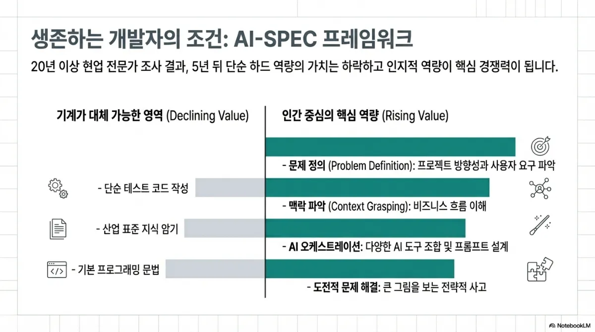 생존하는 개발자의 조건 AI-SPEC 프레임워크. 20년 이상 현업 전문가 조사 결과 5년 뒤 단순 하드 역량의 가치는 하락하고 인지적 역량이 핵심 경쟁력이 된다는 설명. 기계가 대체 가능한 영역(Declining Value)은 단순 테스트 코드 작성, 산업 표준 지식 암기, 기본 프로그래밍 문법. 인간 중심의 핵심 역량(Rising Value)은 문제 정의(프로젝트 방향성과 사용자 요구 파악), 맥락 파악(비즈니스 흐름 이해), AI 오케스트레이션(다양한 AI 도구 조합 및 프롬프트 설계), 도전적 문제 해결(큰 그림을 보는 전략적 사고)