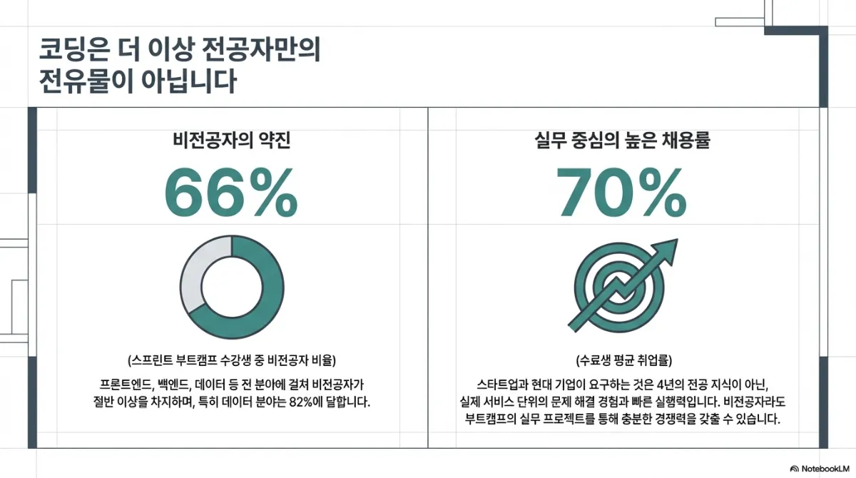 코딩은 더 이상 전공자만의 전유물이 아니라는 슬라이드. 비전공자의 약진 66% — 부트캠프 수강생 중 비전공자 비율로, 프론트엔드·백엔드·데이터 등 전 분야에 걸쳐 비전공자가 절반 이상을 차지하며 특히 데이터 분야는 82%에 달함. 실무 중심의 높은 채용률 70% — 수료생 평균 취업률로, 스타트업과 현대 기업이 요구하는 것은 4년의 전공 지식이 아닌 실제 서비스 단위의 문제 해결 경험과 빠른 실행력이라는 설명