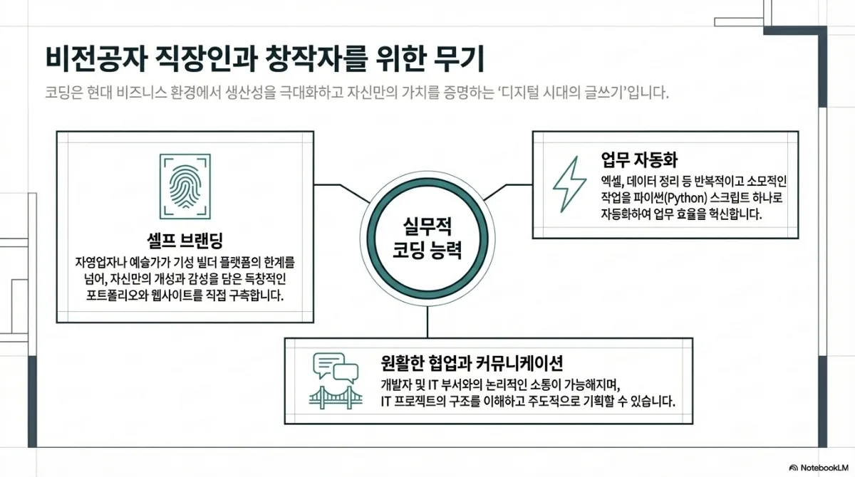 비전공자 직장인과 창작자를 위한 무기 도식. 실무적 코딩 능력을 중심으로 셀프 브랜딩(자영업자나 예술가가 기성 빌더 플랫폼의 한계를 넘어 자신만의 개성과 감성을 담은 독창적인 포트폴리오와 웹사이트를 직접 구축), 업무 자동화(엑셀, 데이터 정리 등 반복적이고 소모적인 작업을 파이썬 스크립트 하나로 자동화하여 업무 효율을 혁신), 원활한 협업과 커뮤니케이션(개발자 및 IT 부서와의 논리적인 소통이 가능해지며 IT 프로젝트의 구조를 이해하고 주도적으로 기획 가능)