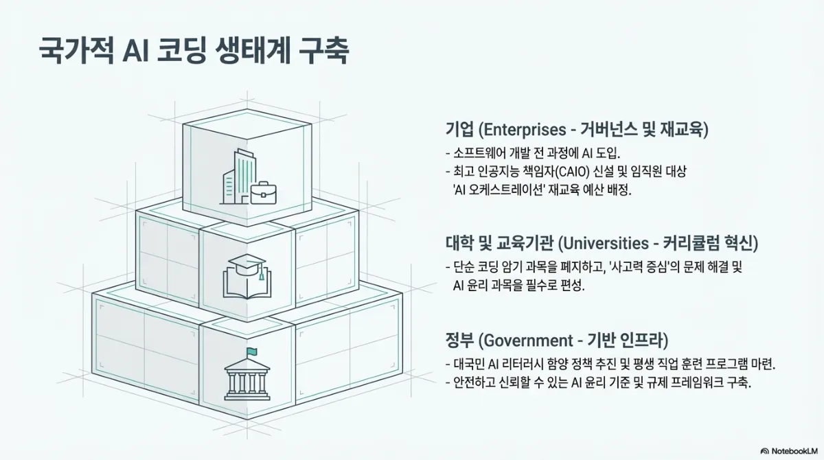 국가적 AI 코딩 생태계 구축 피라미드. 기업(거버넌스 및 재교육) — 소프트웨어 개발 전 과정에 AI 도입, 최고 인공지능 책임자 신설 및 임직원 대상 AI 오케스트레이션 재교육 예산 배정. 대학 및 교육기관(커리큘럼 혁신) — 단순 코딩 암기 과목을 폐지하고 사고력 중심의 문제 해결 및 AI 윤리 과목을 필수로 편성. 정부(기반 인프라) — 대국민 AI 리터러시 함양 정책 추진 및 평생 직업 훈련 프로그램 마련, 안전하고 신뢰할 수 있는 AI 윤리 기준 및 규제 프레임워크 구축