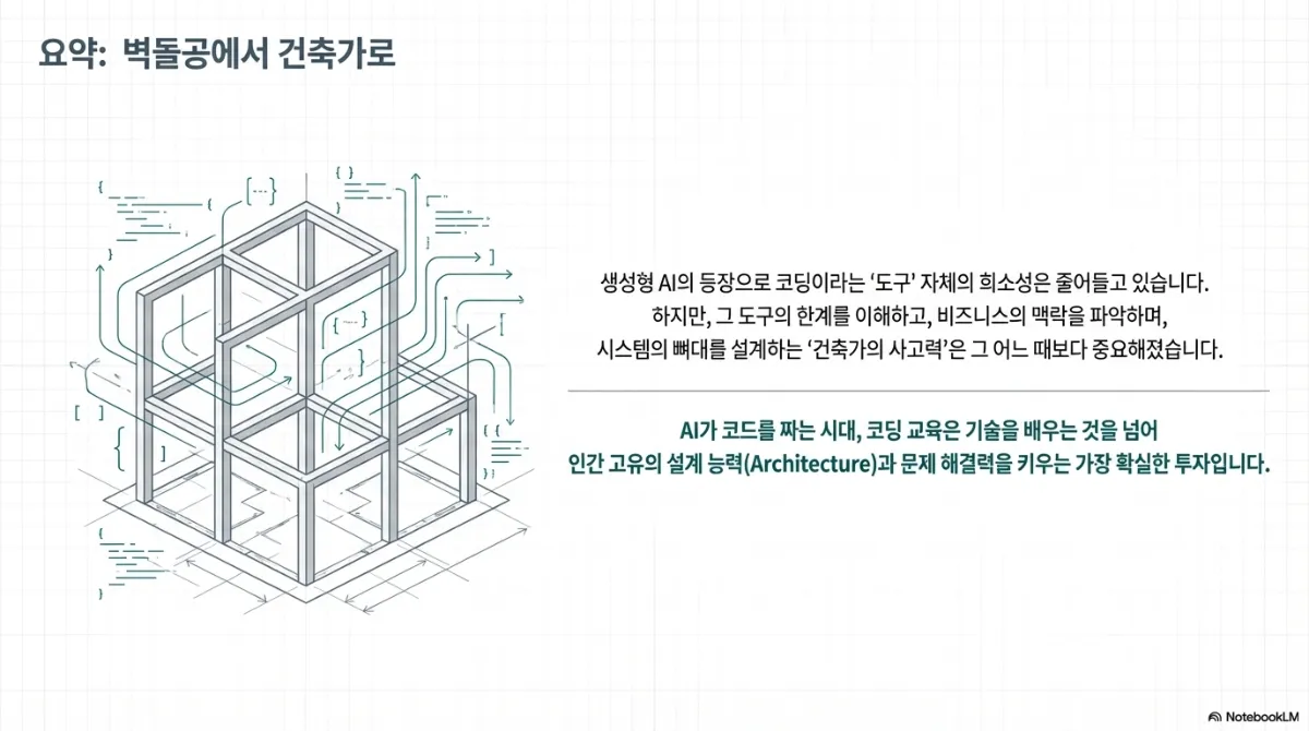 요약 슬라이드. 벽돌공에서 건축가로. 생성형 AI의 등장으로 코딩이라는 도구 자체의 희소성은 줄어들고 있지만, 그 도구의 한계를 이해하고 비즈니스의 맥락을 파악하며 시스템의 뼈대를 설계하는 건축가의 사고력은 그 어느 때보다 중요해졌다는 설명. AI가 코드를 짜는 시대, 코딩 교육은 기술을 배우는 것을 넘어 인간 고유의 설계 능력과 문제 해결력을 키우는 가장 확실한 투자라는 결론