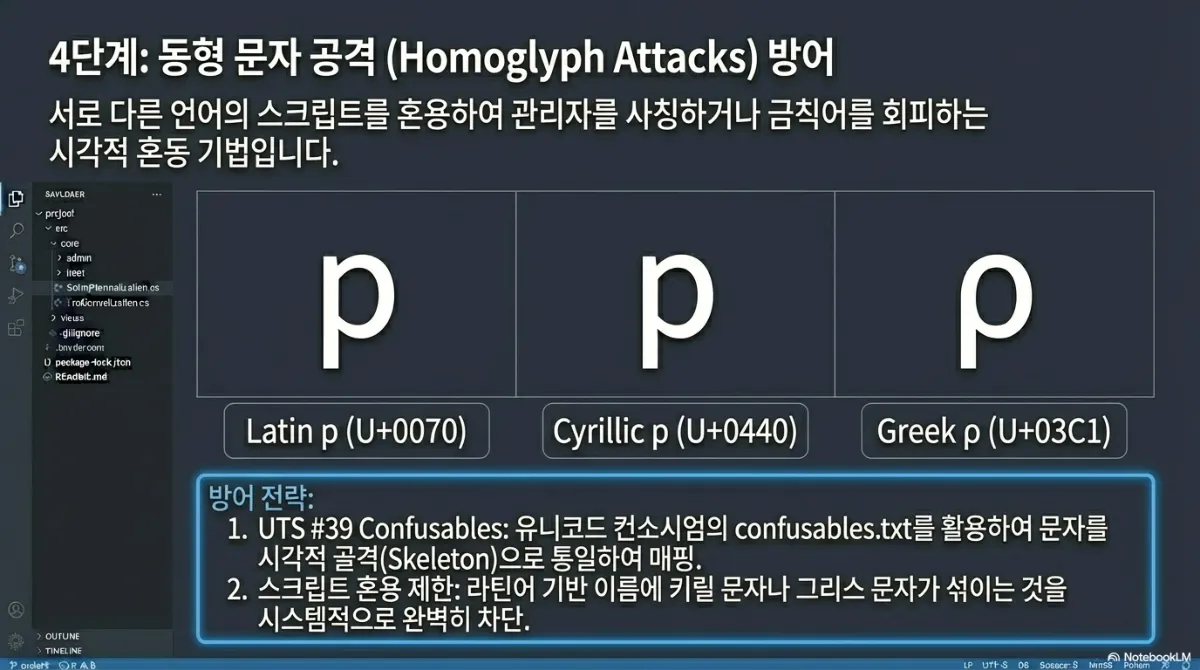 4단계 동형 문자 공격(Homoglyph Attacks) 방어 슬라이드. 서로 다른 언어의 스크립트를 혼용하여 관리자를 사칭하거나 금칙어를 회피하는 시각적 혼동 기법이라는 설명. 라틴 p(U+0070), 키릴 p(U+0440), 그리스 ρ(U+03C1)가 모두 똑같이 보이는 비교. 방어 전략은 1 UTS #39 Confusables(유니코드 컨소시엄의 confusables.txt를 활용해 문자를 시각적 골격으로 통일해 매핑), 2 스크립트 혼용 제한(라틴어 기반 이름에 키릴 문자나 그리스 문자가 섞이는 것을 시스템적으로 완벽히 차단)