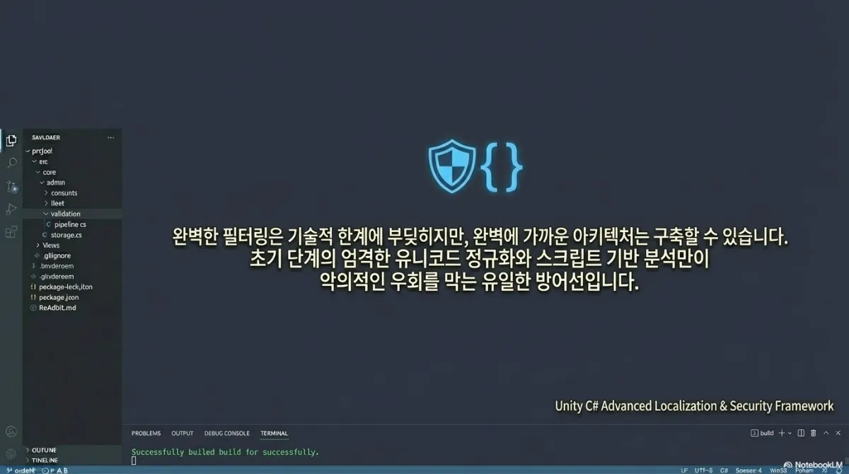 마무리 슬라이드. 완벽한 필터링은 기술적 한계에 부딪히지만 완벽에 가까운 아키텍처는 구축할 수 있다는 문구. 초기 단계의 엄격한 유니코드 정규화와 스크립트 기반 분석만이 악의적인 우회를 막는 유일한 방어선이라는 결론