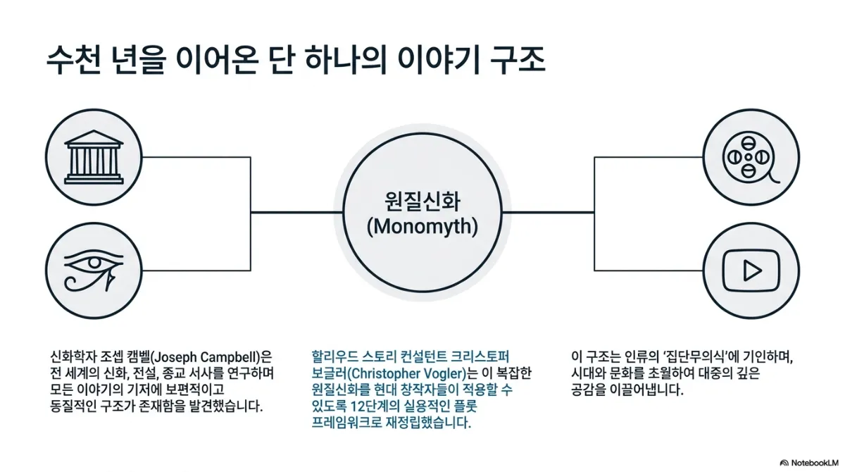 수천 년을 이어온 단 하나의 이야기 구조 슬라이드. 가운데 원질신화(Monomyth)를 두고 왼쪽에 신전·호루스의 눈 아이콘, 오른쪽에 필름 릴·재생 버튼 아이콘을 연결한 도식. 신화학자 조셉 캠벨(Joseph Campbell)은 전 세계의 신화, 전설, 종교 서사를 연구하며 모든 이야기의 기저에 보편적이고 동질적인 구조가 존재함을 발견했다는 설명. 할리우드 스토리 컨설턴트 크리스토퍼 보글러(Christopher Vogler)는 이 원질신화를 현대 창작자들이 적용할 수 있도록 12단계의 실용적인 플롯 프레임워크로 재정립했다는 설명. 이 구조는 인류의 집단무의식에 기인하며 시대와 문화를 초월해 대중의 깊은 공감을 이끌어낸다는 설명