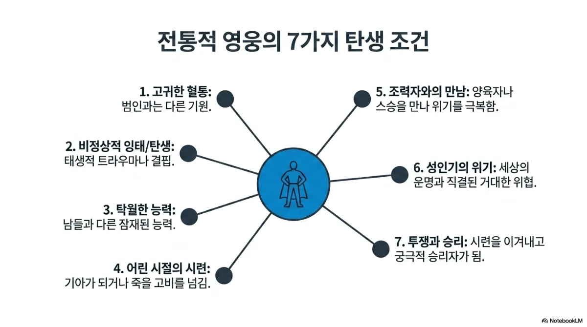 전통적 영웅의 7가지 탄생 조건 슬라이드. 가운데 망토를 두른 영웅 아이콘에서 뻗은 일곱 갈래. 1 고귀한 혈통 — 범인과는 다른 기원. 2 비정상적 잉태/탄생 — 태생적 트라우마나 결핍. 3 탁월한 능력 — 남들과 다른 잠재된 능력. 4 어린 시절의 시련 — 기아가 되거나 죽을 고비를 넘김. 5 조력자와의 만남 — 양육자나 스승을 만나 위기를 극복함. 6 성인기의 위기 — 세상의 운명과 직결된 거대한 위협. 7 투쟁과 승리 — 시련을 이겨내고 궁극적 승리자가 됨