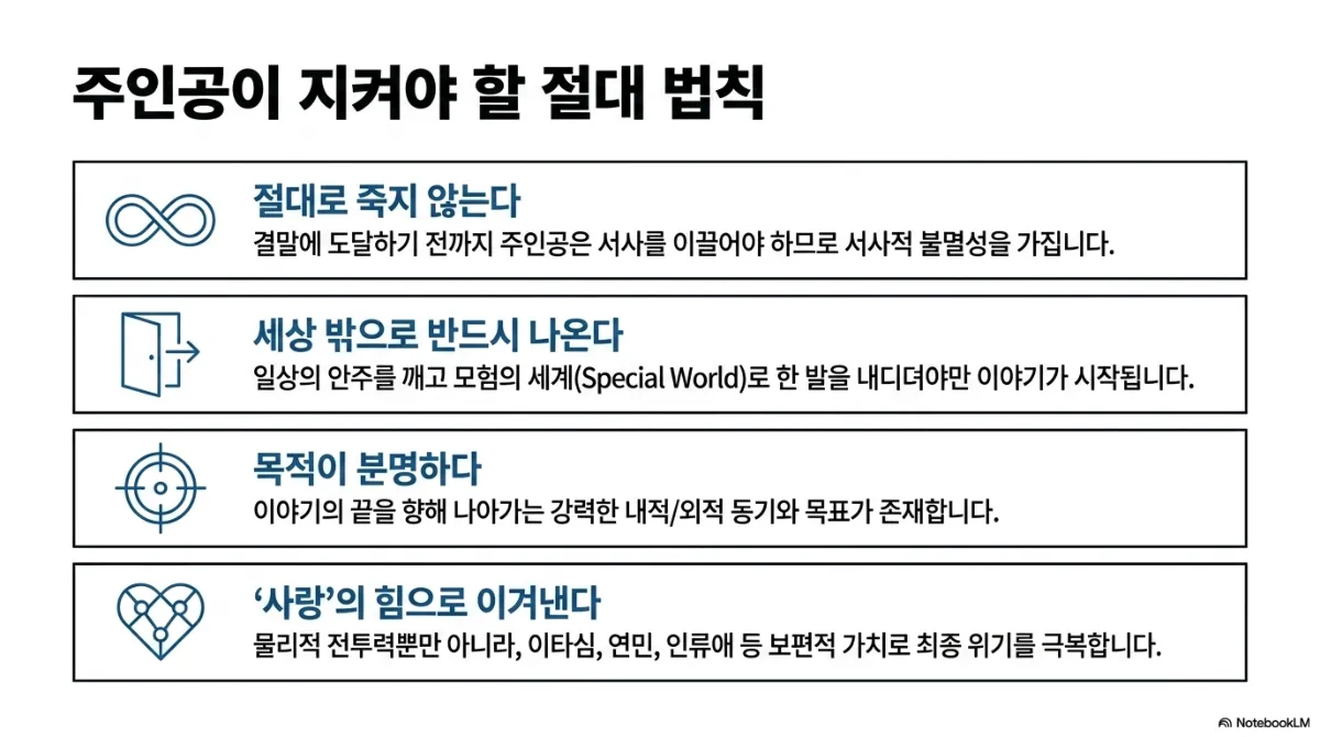 주인공이 지켜야 할 절대 법칙 네 가지 슬라이드. 절대로 죽지 않는다 — 결말에 도달하기 전까지 주인공은 서사를 이끌어야 하므로 서사적 불멸성을 가진다. 세상 밖으로 반드시 나온다 — 일상의 안주를 깨고 모험의 세계(Special World)로 한 발을 내디뎌야만 이야기가 시작된다. 목적이 분명하다 — 이야기의 끝을 향해 나아가는 강력한 내적·외적 동기와 목표가 존재한다. 사랑의 힘으로 이겨낸다 — 물리적 전투력뿐만 아니라 이타심, 연민, 인류애 등 보편적 가치로 최종 위기를 극복한다. 무한대·문·과녁·하트 아이콘