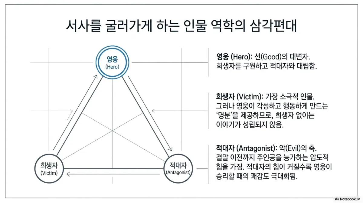 서사를 굴러가게 하는 인물 역학의 삼각편대 슬라이드. 영웅(Hero)·희생자(Victim)·적대자(Antagonist)를 꼭짓점으로 한 삼각형과 서로를 향한 화살표. 영웅은 선(Good)의 대변자로 희생자를 구원하고 적대자와 대립한다. 희생자는 가장 소극적 인물이지만 영웅이 각성하고 행동하게 만드는 명분을 제공하므로 희생자 없이는 이야기가 성립되지 않는다. 적대자는 악(Evil)의 축으로 결말 이전까지 주인공을 능가하는 압도적 힘을 가지며, 적대자의 힘이 커질수록 영웅이 승리할 때의 쾌감도 극대화된다는 설명