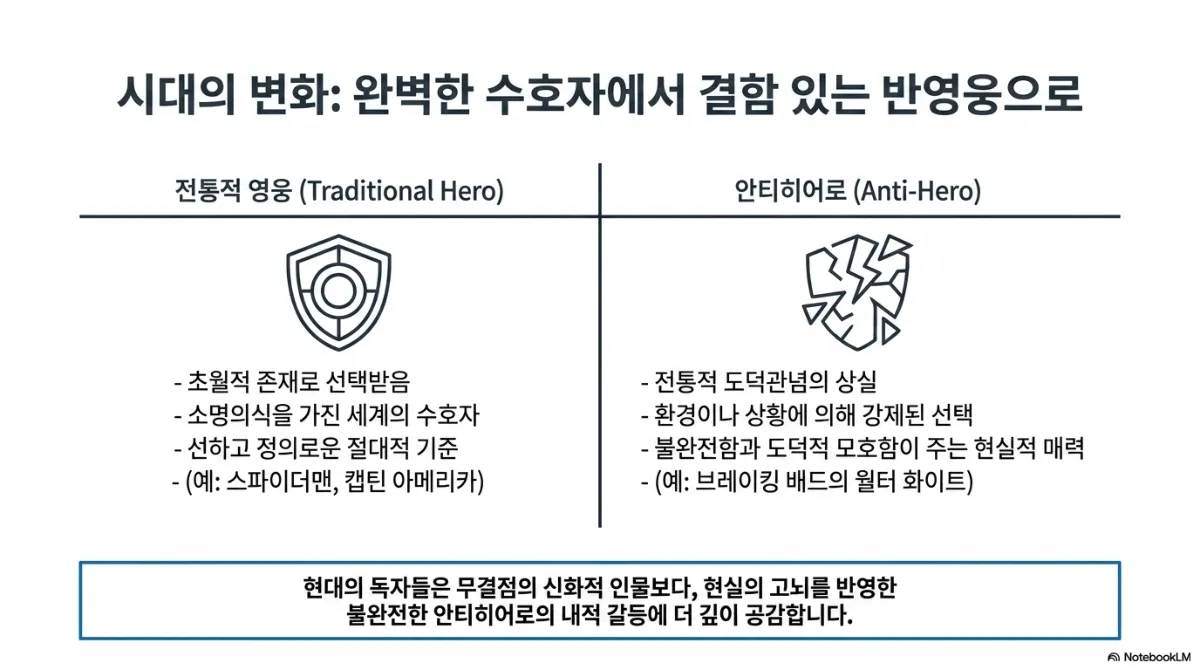 시대의 변화: 완벽한 수호자에서 결함 있는 반영웅으로 비교 슬라이드. 전통적 영웅(Traditional Hero) — 초월적 존재로 선택받음, 소명의식을 가진 세계의 수호자, 선하고 정의로운 절대적 기준, 예로 스파이더맨과 캡틴 아메리카, 단단한 방패 아이콘. 안티히어로(Anti-Hero) — 전통적 도덕관념의 상실, 환경이나 상황에 의해 강제된 선택, 불완전함과 도덕적 모호함이 주는 현실적 매력, 예로 브레이킹 배드의 월터 화이트, 금 간 방패 아이콘. 아래 결론은 현대의 독자들이 무결점의 신화적 인물보다 현실의 고뇌를 반영한 불완전한 안티히어로의 내적 갈등에 더 깊이 공감한다는 것