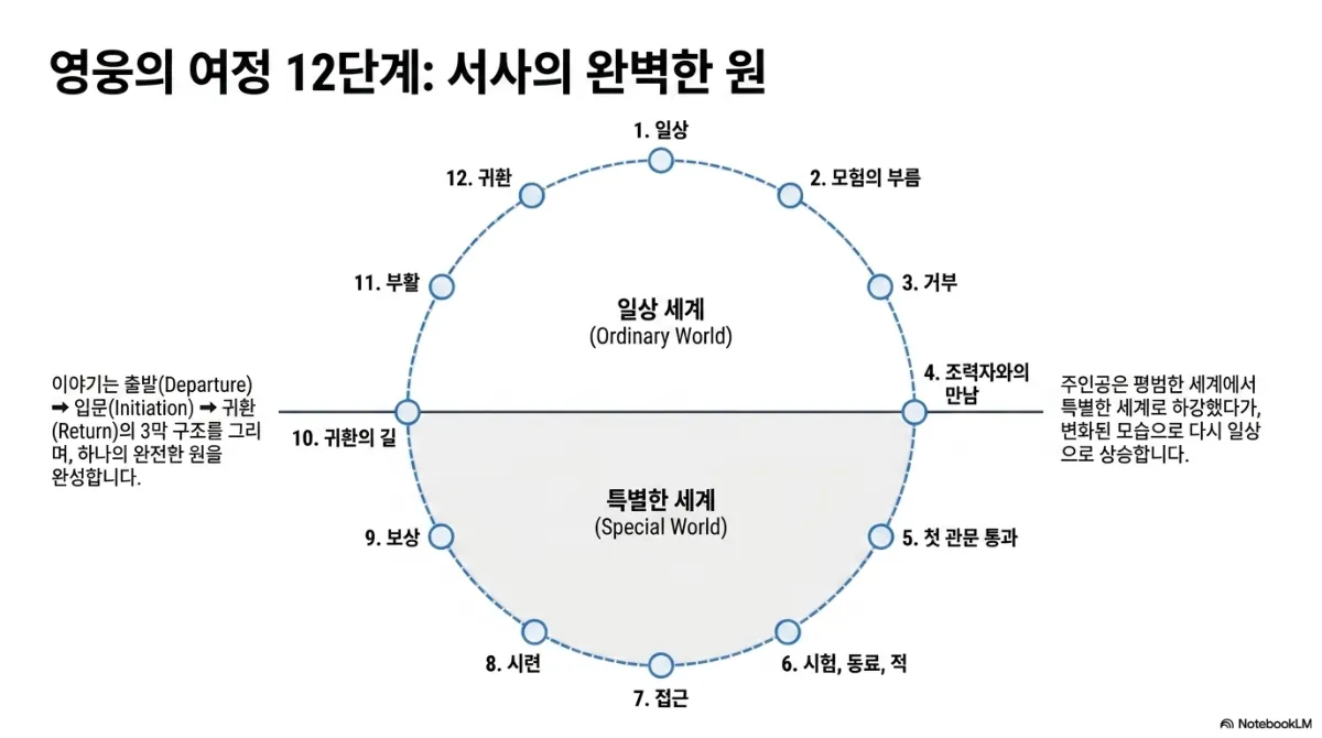 영웅의 여정 12단계: 서사의 완벽한 원 슬라이드. 가로선으로 나뉜 원에서 위쪽은 일상 세계(Ordinary World), 아래쪽은 특별한 세계(Special World). 원 둘레에 1 일상, 2 모험의 부름, 3 거부, 4 조력자와의 만남, 5 첫 관문 통과, 6 시험·동료·적, 7 접근, 8 시련, 9 보상, 10 귀환의 길, 11 부활, 12 귀환이 시계 방향으로 놓임. 이야기는 출발(Departure) → 입문(Initiation) → 귀환(Return)의 3막 구조를 그리며 하나의 완전한 원을 완성하고, 주인공은 평범한 세계에서 특별한 세계로 하강했다가 변화된 모습으로 다시 일상으로 상승한다는 설명