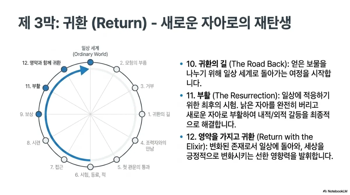 제3막: 귀환(Return) - 새로운 자아로의 재탄생 슬라이드. 원의 왼쪽 호를 따라 보상에서 일상 세계로 올라가는 파란 화살표. 10 귀환의 길(The Road Back) — 얻은 보물을 나누기 위해 일상 세계로 돌아가는 여정을 시작한다. 11 부활(The Resurrection) — 일상에 적응하기 위한 최후의 시험으로, 낡은 자아를 완전히 버리고 새로운 자아로 부활하여 내적·외적 갈등을 최종적으로 해결한다. 12 영약을 가지고 귀환(Return with the Elixir) — 변화된 존재로서 일상에 돌아와 세상을 긍정적으로 변화시키는 선한 영향력을 발휘한다