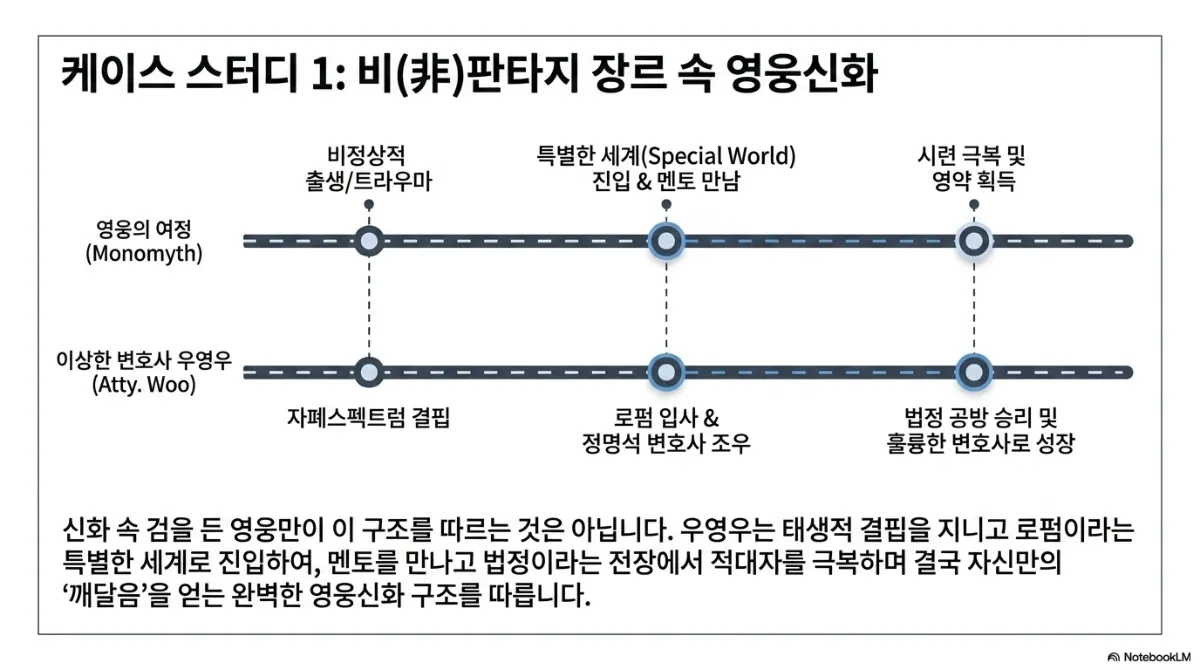 케이스 스터디 1: 비(非)판타지 장르 속 영웅신화 슬라이드. 영웅의 여정(Monomyth)과 이상한 변호사 우영우(Atty. Woo)를 나란히 놓은 두 개의 도로 타임라인. 비정상적 출생/트라우마는 자폐스펙트럼 결핍에, 특별한 세계(Special World) 진입 & 멘토 만남은 로펌 입사 & 정명석 변호사 조우에, 시련 극복 및 영약 획득은 법정 공방 승리 및 훌륭한 변호사로 성장에 대응. 신화 속 검을 든 영웅만이 이 구조를 따르는 것은 아니며, 우영우는 태생적 결핍을 지니고 로펌이라는 특별한 세계로 진입하여 멘토를 만나고 법정이라는 전장에서 적대자를 극복하며 결국 자신만의 깨달음을 얻는 영웅신화 구조를 따른다는 설명