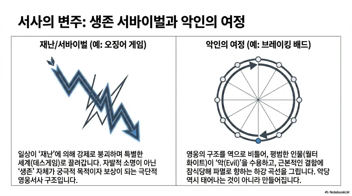 서사의 변주: 생존 서바이벌과 악인의 여정 비교 슬라이드. 재난/서바이벌(예: 오징어 게임) — 지그재그로 추락하는 번개 모양 화살표. 일상이 재난에 의해 강제로 붕괴하며 특별한 세계(데스게임)로 끌려가고, 자발적 소명이 아닌 생존 자체가 궁극적 목적이자 보상이 되는 극단적 영웅서사 구조. 악인의 여정(예: 브레이킹 배드) — 12단계 원을 거꾸로 도는 화살표. 영웅의 구조를 역으로 비틀어 평범한 인물(월터 화이트)이 악(Evil)을 수용하고 근본적인 결함에 잠식당해 파멸로 향하는 하강 곡선을 그리며, 악당 역시 태어나는 것이 아니라 만들어진다는 설명