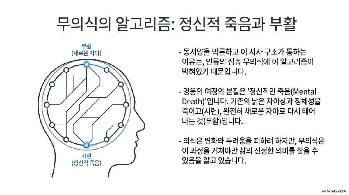 무의식의 알고리즘: 정신적 죽음과 부활 슬라이드. 사람 옆얼굴 안에 회로 모양의 원을 그리고 아래 점을 시련(정신적 죽음), 위 점을 부활(새로운 자아)로 표시. 동서양을 막론하고 이 서사 구조가 통하는 이유는 인류의 심층 무의식에 이 알고리즘이 박혀 있기 때문이라는 설명. 영웅의 여정의 본질은 정신적인 죽음(Mental Death)으로, 기존의 낡은 자아상과 정체성을 죽이고(시련) 완전히 새로운 자아로 다시 태어나는 것(부활)이라는 설명. 의식은 변화와 두려움을 피하려 하지만 무의식은 이 과정을 거쳐야만 삶의 진정한 의미를 찾을 수 있음을 알고 있다는 설명