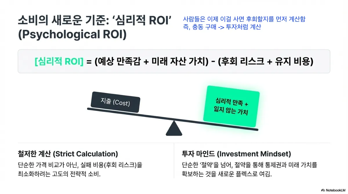 소비의 새로운 기준 심리적 ROI 슬라이드. 공식은 (예상 만족감 + 미래 자산 가치) - (후회 리스크 + 유지 비용). 지출과 심리적 만족·잃지 않는 가치를 저울에 올린 그림. 철저한 계산(단순한 가격 비교가 아니라 실패 비용인 후회 리스크를 최소화하려는 전략적 소비)과 투자 마인드(절약을 넘어 통제권과 미래 가치를 확보하는 것을 새로운 자랑으로 여김). 위에 사람들은 이제 이걸 사면 후회할지를 먼저 계산하며 충동 구매가 투자처럼 바뀌었다는 주석