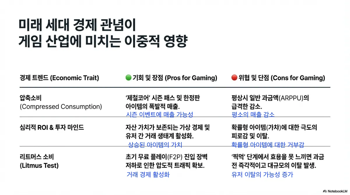 미래 세대 경제 관념이 게임 산업에 미치는 이중적 영향 표. 압축소비는 시즌 패스와 한정판 아이템의 폭발적 매출이라는 기회가 있지만 평상시 일반 과금액(ARPPU)의 급격한 감소라는 위협이 있다. 심리적 ROI와 투자 마인드는 자산 가치가 보존되는 가상 경제와 유저 간 거래 생태계 활성화라는 기회가 있지만 확률형 아이템에 대한 극도의 피로감과 이탈이라는 위협이 있다. 리트머스 소비는 초기 무료 플레이 진입 장벽 저하로 압도적 트래픽 확보라는 기회가 있지만, 체험 단계에서 효용을 못 느끼면 과금 전 즉각적이고 대규모의 이탈이 발생한다
