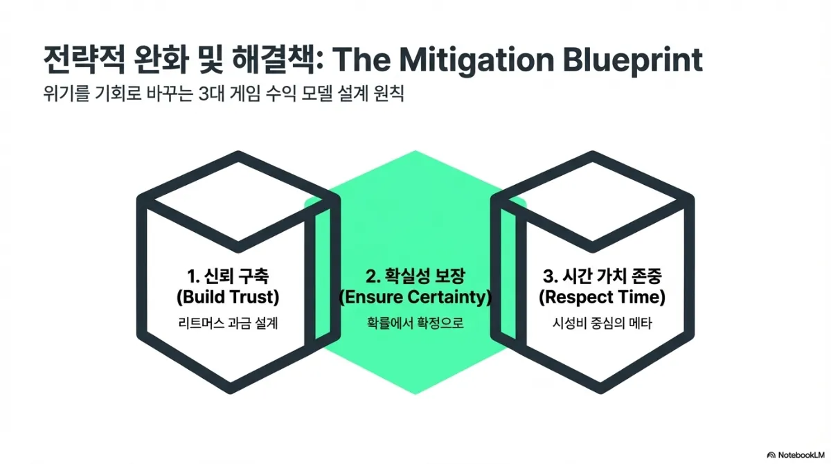 전략적 완화 및 해결책 슬라이드. 1 신뢰 구축(리트머스 과금 설계), 2 확실성 보장(확률에서 확정으로), 3 시간 가치 존중(시성비 중심의 메타)이라는 3대 게임 수익 모델 설계 원칙