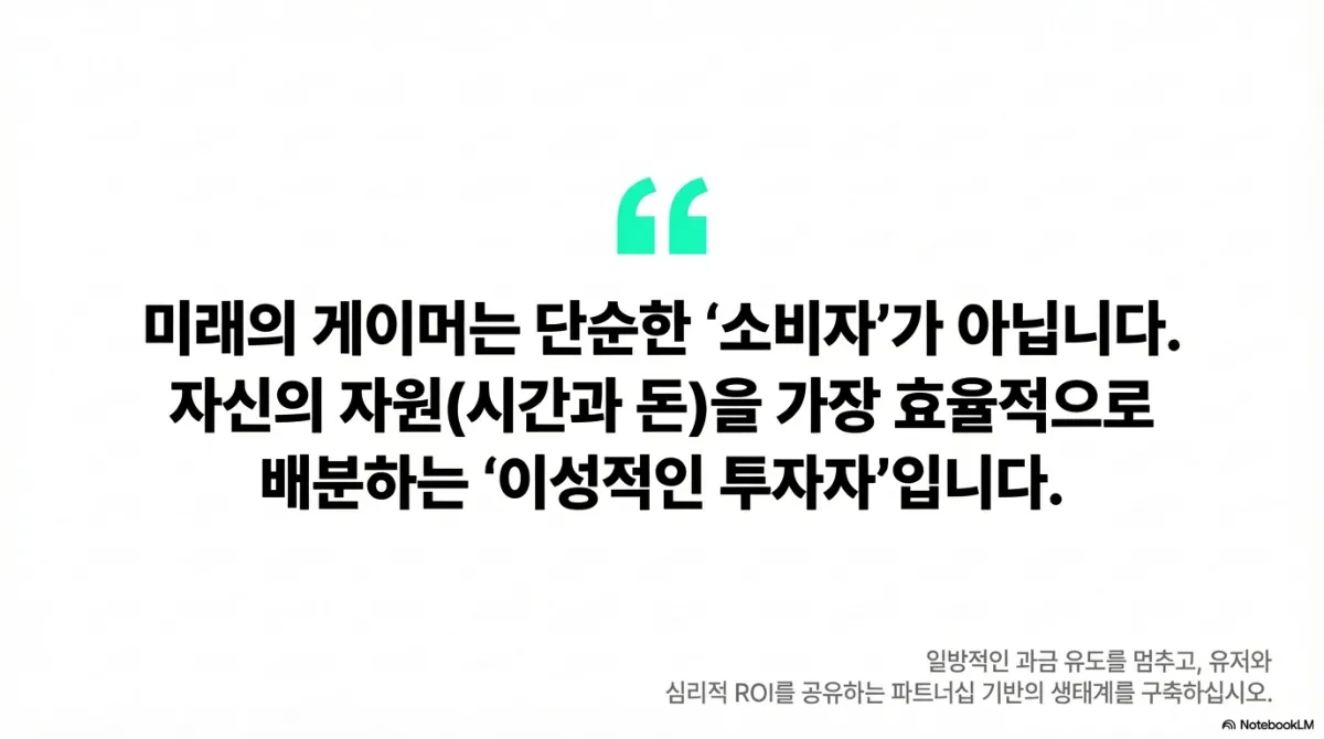 마무리 슬라이드. 미래의 게이머는 단순한 소비자가 아니라 자신의 자원인 시간과 돈을 가장 효율적으로 배분하는 이성적인 투자자라는 문구. 아래에 일방적인 과금 유도를 멈추고 유저와 심리적 ROI를 공유하는 파트너십 기반의 생태계를 구축하라는 제언