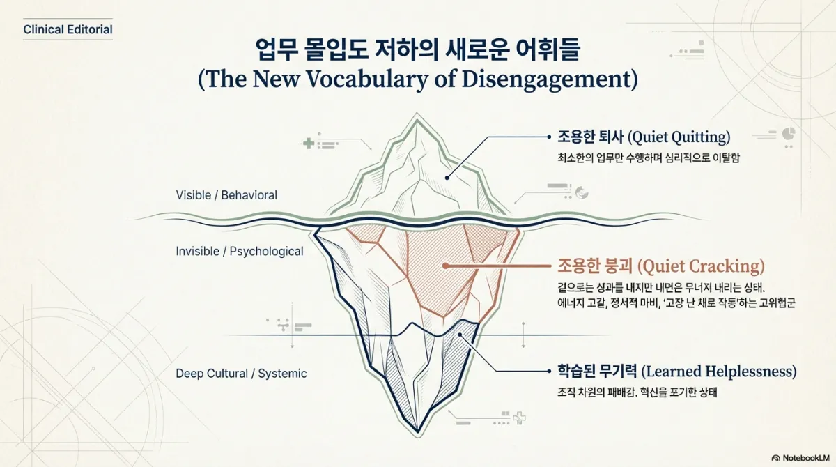 업무 몰입도 저하를 빙산으로 그린 그림. 수면 위 '조용한 퇴사'는 최소한의 업무만 수행하며 심리적으로 이탈한 상태, 수면 아래 '조용한 붕괴'는 겉으로는 성과를 내지만 내면이 무너져 내리는 고위험군, 가장 깊은 곳의 '학습된 무기력'은 혁신을 포기한 조직 차원의 패배감